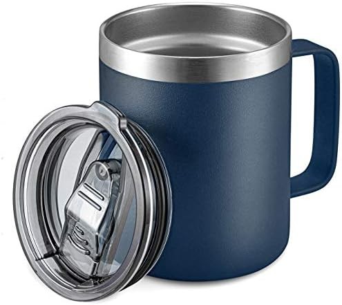 Navy 12 oz insulated stainless steel travel mug with handle