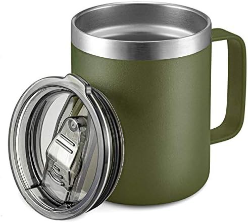 Army green 12 oz insulated travel mug with handle
