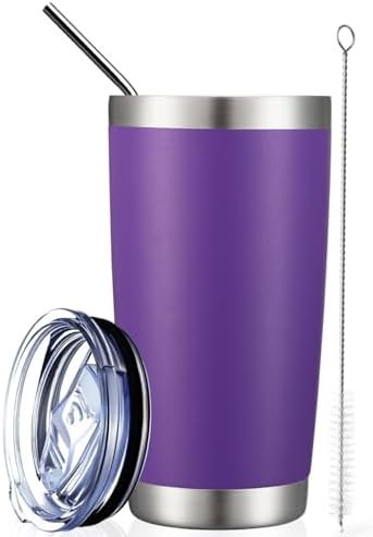 Purple insulated travel mug with straw