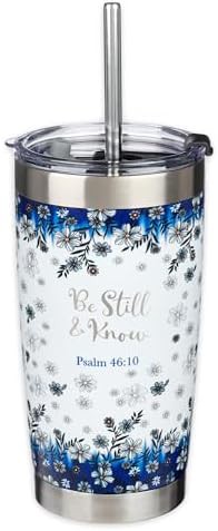 Blue floral camp style travel mug with straw