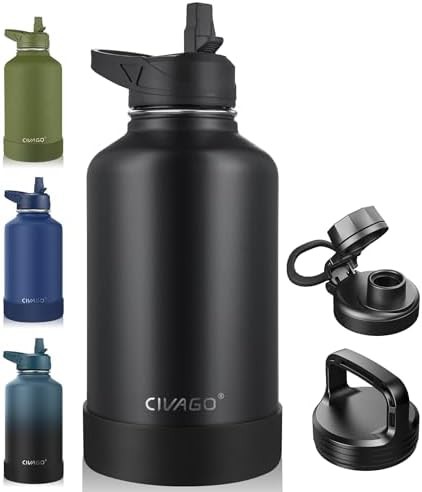 Large sports water bottle with three lids