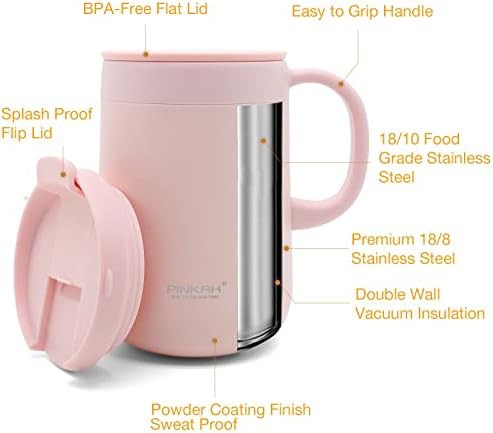 Pink stainless steel coffee mug with handle — photo 4