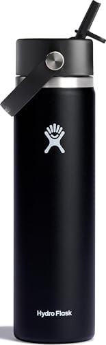 Black wide straw insulated water bottle 24 oz