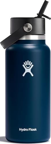Indigo blue wide straw insulated water bottle 32 oz