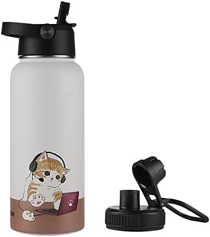 Large stainless steel water bottle with straw
