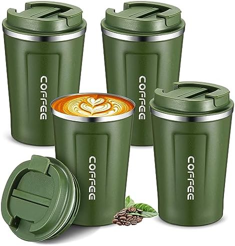 Green reusable stainless steel coffee tumblers