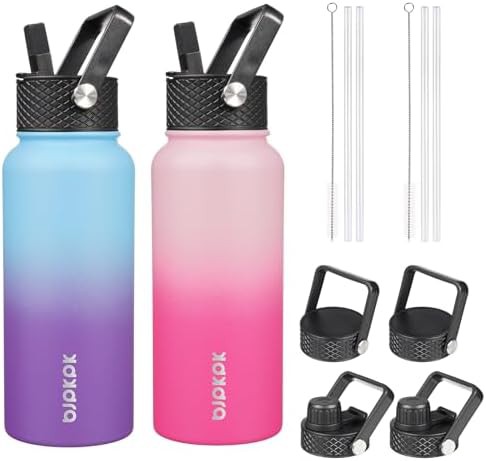2 Pack 32oz Insulated Water Bottles with Straw Lids
