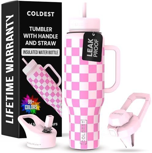 Pink Checkers Insulated Tumbler with Handle