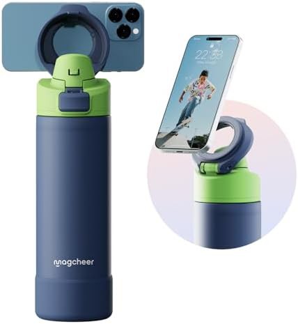 Navy blue sports bottle with magnetic phone holder