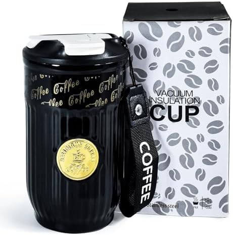 Black travel tumbler 14 oz with straw