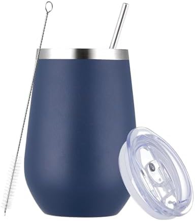 Navy blue wine tumbler with straw