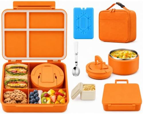Orange bento lunch box with soup thermo