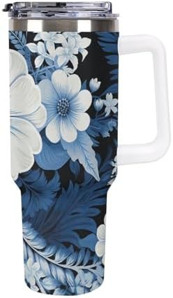 Blue white floral pattern 40 oz tumbler white