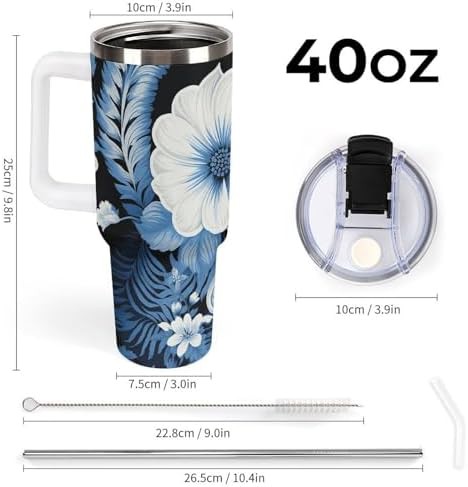 Blue white floral pattern 40 oz tumbler white — photo 3
