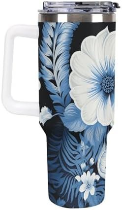 Blue white floral pattern 40 oz tumbler white — photo 4