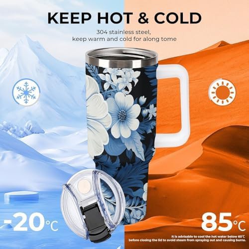 Blue white floral pattern 40 oz tumbler white — photo 5