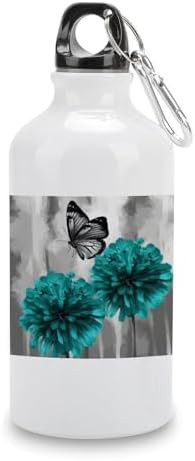 400ml Aluminum Sports Water Bottle Gray Teal Flower Butterfly