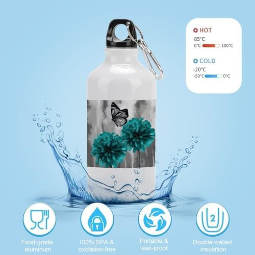 400ml Aluminum Sports Water Bottle Gray Teal Flower Butterfly — photo 4