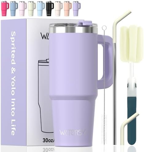 Purple insulated travel tumbler with handle