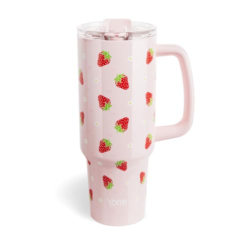 40oz Strawberry Tumbler with Handle and Flip Straw