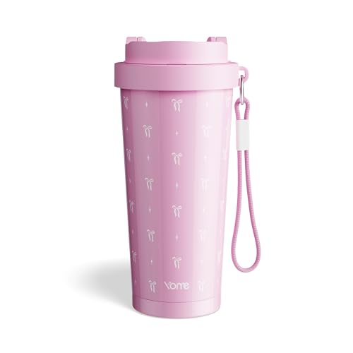 17oz Elegant Bow Pink Ceramic Lined Insulated Coffee Mug with